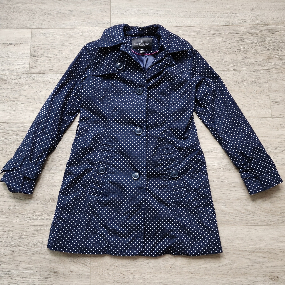 London Fog Navy Polka Dot Trench Coat Womens Pxs Petite Button Preppy Chic